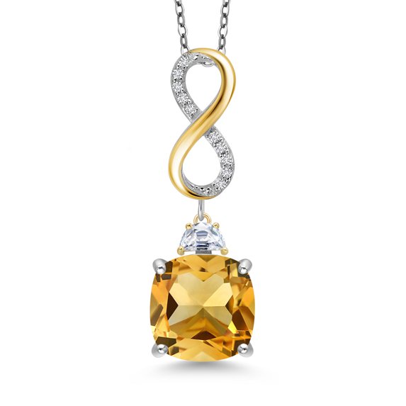 925 Silver and 10K Yellow Gold Yellow Citrine and Moissanite and Lab Grown Diamond Pendant Necklace for Women | 6.73 Cttw | Gemstone November Birthstone | Cushion 12MM | With 18 inch Chain