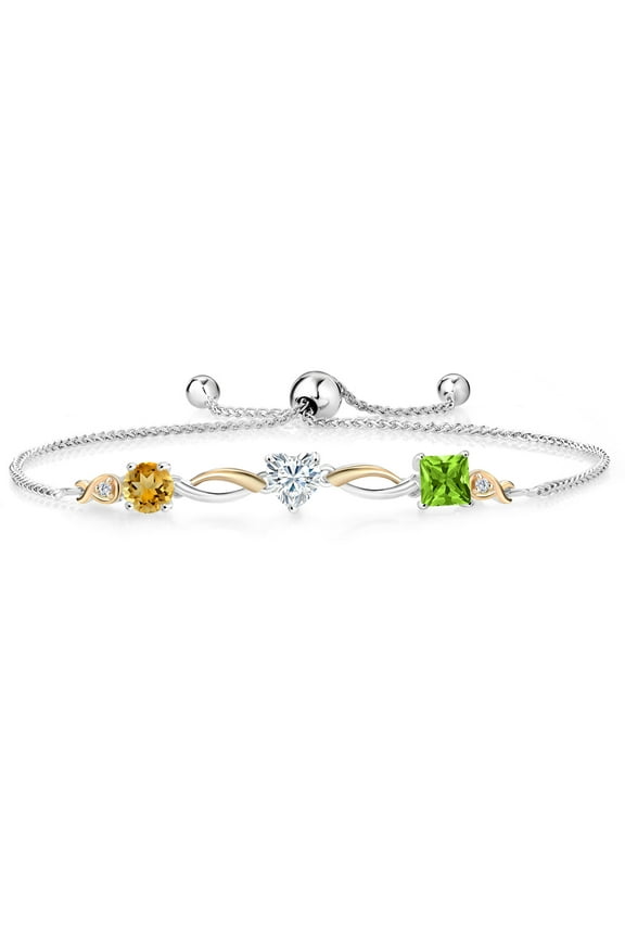 925 Silver and 10K Yellow Gold Yellow Citrine Near Colorless White Moissanite Green Peridot and Lab Grown Diamond Tennis Bracelet for Women By Keren Hanan (2.26 cttw, Adjustable up To 9 inch)