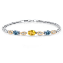 925 Silver and 10K Yellow Gold Yellow Citrine and Persian Blue Moissanite and White Lab Grown Diamond Bracelet for Women (1.71 Cttw, Gemstone November Birthstone, Oval, Wheat Chain, 7 inches)