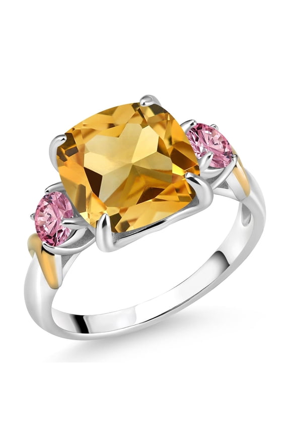 925 Silver and 10K Yellow Gold Yellow Citrine and Pink Lab Grown Diamond 3 Stone Ring for Women (4.10 Cttw, Gemstone November Birthstone, Cushion 10MM, Round 4MM, Size 9)