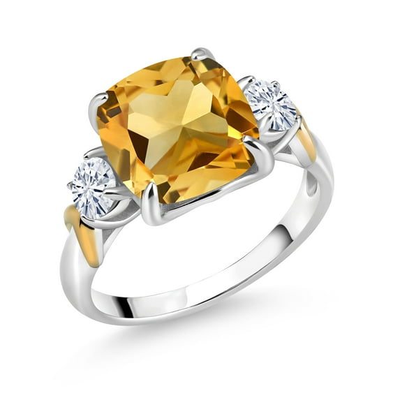 925 Silver and 10K Yellow Gold Yellow Citrine and White Moissanite 3 Stone Ring for Women (4.06 Cttw, Gemstone November Birthstone, Cushion 10MM, Round 4MM, Available in Size 5, 6, 7, 8, 9)
