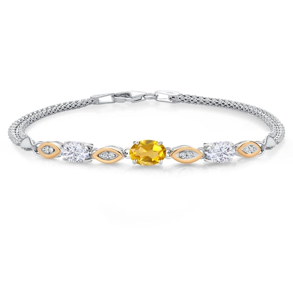 925 Silver and 10K Yellow Gold Yellow Citrine and White Moissanite and White Lab Grown Diamond Bracelet for Women (1.81 Cttw, Gemstone November Birthstone, Oval, Wheat Chain, 7.5 inches)