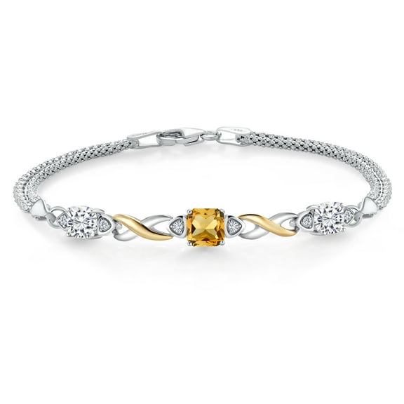 925 Silver and 10K Yellow Gold Yellow Citrine and White Moissanite and White Lab Grown Diamond Bracelet for Women (2.28 Cttw, Gemstone November Birthstone, Cushion 6MM, 7 inches, Made in Italy)