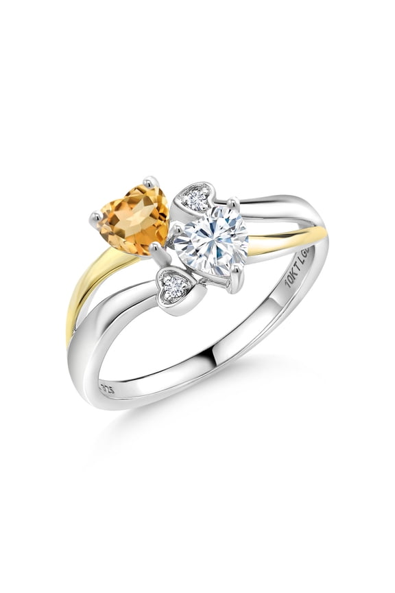 925 Silver and 10K Yellow Gold Yellow Citrine and White Moissanite and White Lab Grown Diamond Ring for Women (0.90 Cttw, November Birthstone, Heart Shape 5MM, Size 7)