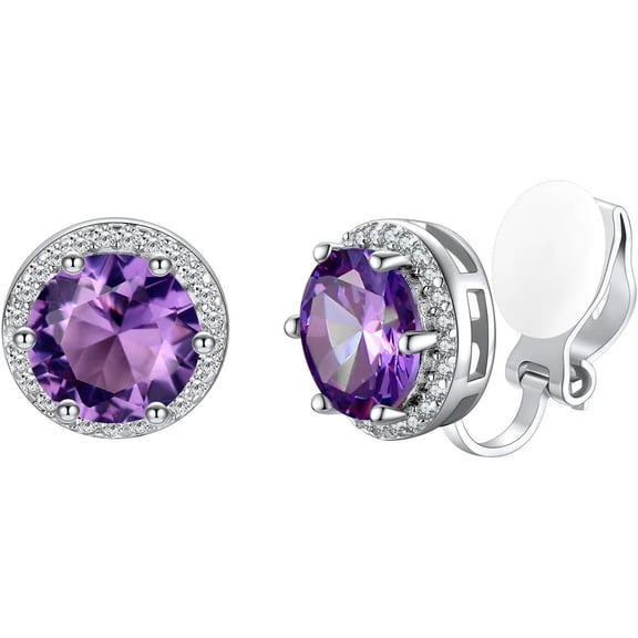 925 Silver 8Mm Cubic Zirconia Birthstone Clip On Stud Earrings Round Non Pierced Earrings For Women,Come With Box[Z1]
