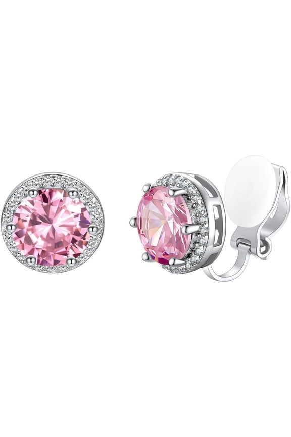 925 Silver 8Mm Cubic Zirconia Birthstone Clip On Stud Earrings Round Non Pierced Earrings For Women,Come With Box[Z1]