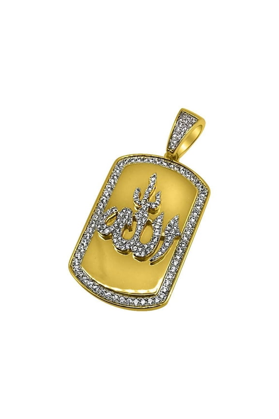 .925 Silver Allah Dog Tag Gold Bling Bling Pendant