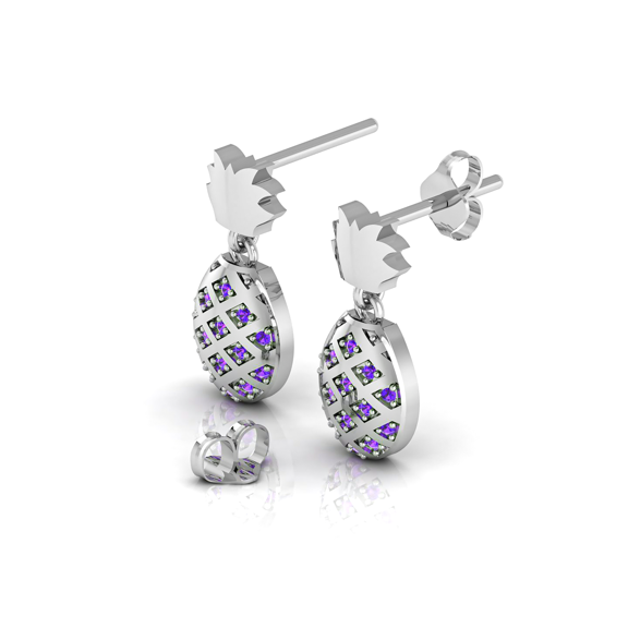 925 Silver Amethyst Pineapple Style Drop Studded Earrings || Wedding Day Gift Earring, Gift for Her Earring || Silver Diary