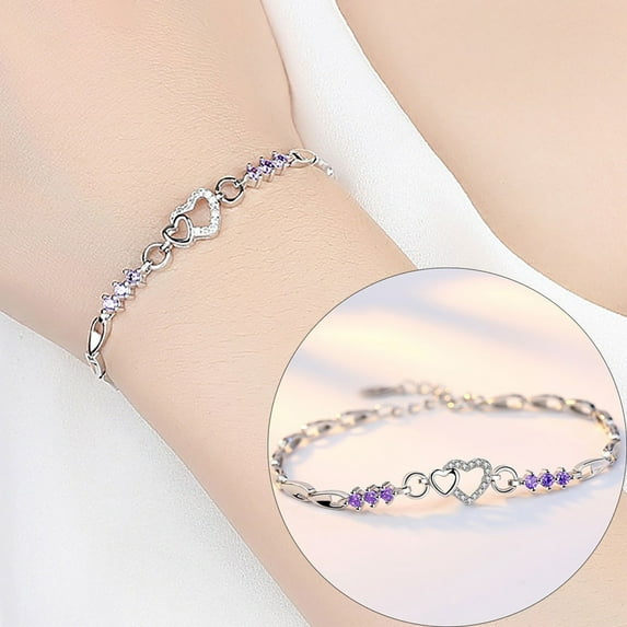 Amethyst Plated 925 Silver Bracelet, Heart-Shaped Diamond Love Jewelry, Elegant Adjustable Chain, Romantic Gift for Women, Girlfriend, Wife, Valentine's Day, Anniversary, Birthday Present