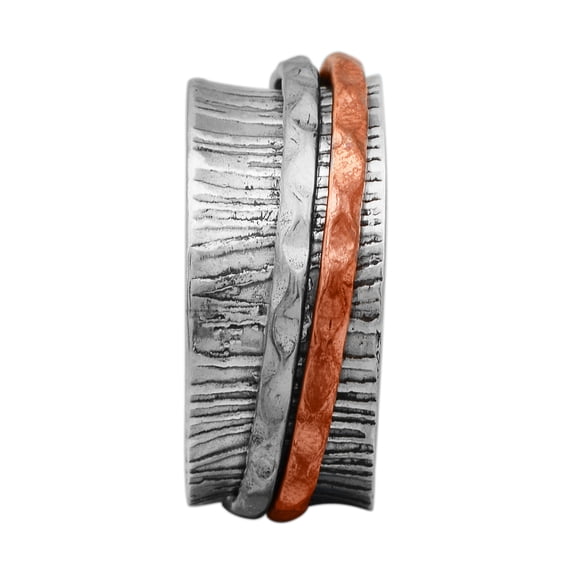 925 Silver Band Hammered Texture Meditation Two Tone Men Women Spinner Ring