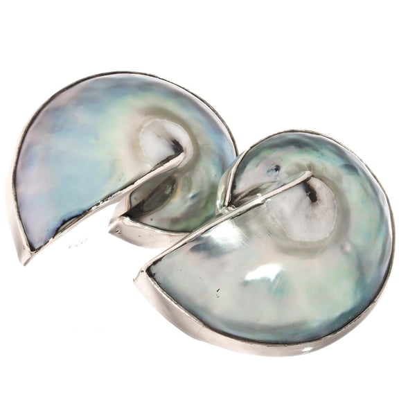 925 Silver Blue Iridescent Nautilus Shell In Sterling Clip-on Earrings, 1"