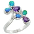 thumbnail image 1 of 925 Silver Blue Synthetic Opal Teardrop Amethyst CZ 3 Petal Flower Ring 20mm, 1 of 1