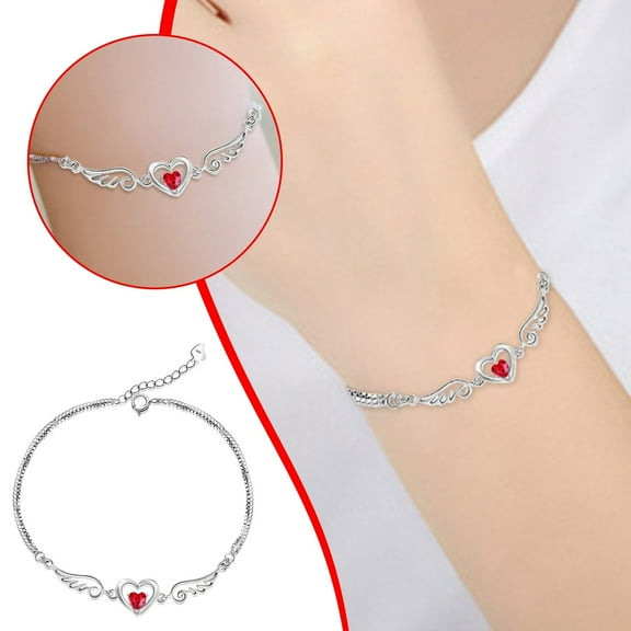 925 Silver Bracelet Adjustable Bracelet Red Heart Bracelet For Women Girls Cubic Zirconia Birthstone