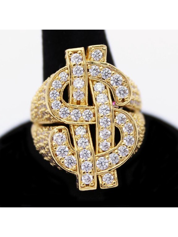 .925 Silver Cash Money Dollar Sign CZ Hip Hop Bling Ring