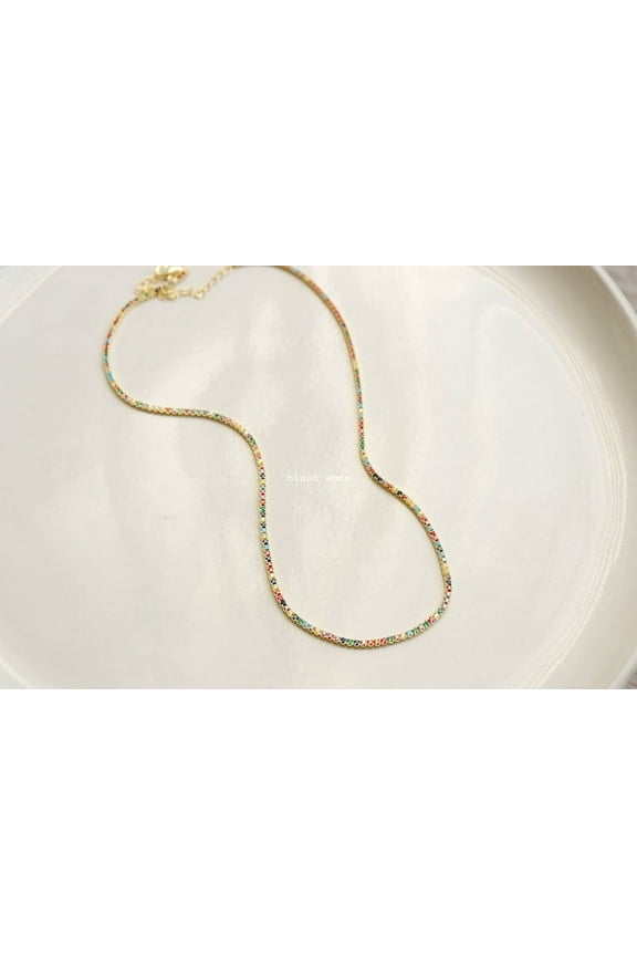 925 Silver Colorful Tiny Crystal Pave Rainbow Tennis Necklace in 14k gold plating | Sterling Silver Clavicle Dainty Minimalist Jewelry | Chain Bridesmaid Best Friend Gift