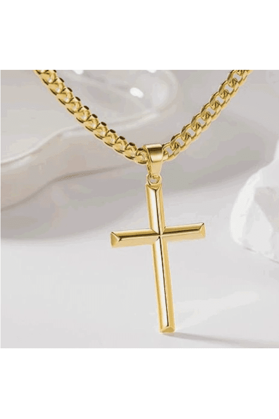 925 Silver Cross Necklace for Men Women with Stainless Steel Diamond Cut Durable Cuban Link Chain Polished Beveled Edge Cross Chain Pendant Necklace Jewelry 20 Inches