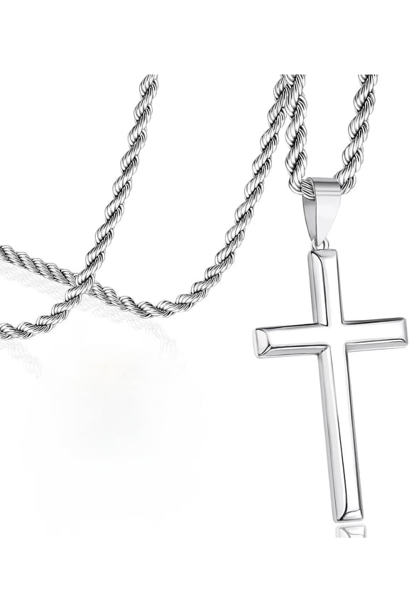 925 Silver Cross Necklace for Men Women Cross Pendant with 3.5mm Stainless Steel Clasp Rope Chain Necklace for Men 20 Inche