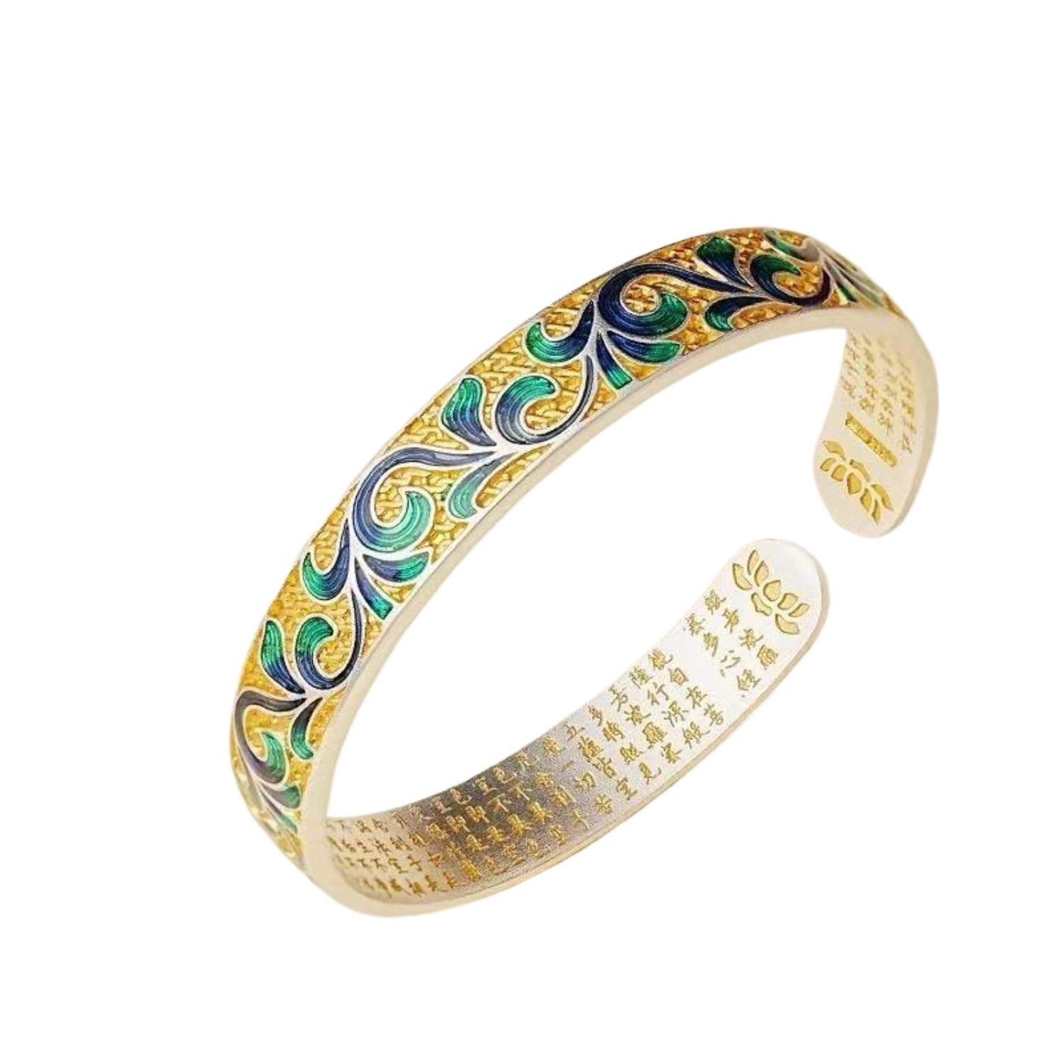 Open Bangle 925 Silver Cuff Bangle, Enamel Floral Design, Gold and Green Open ...