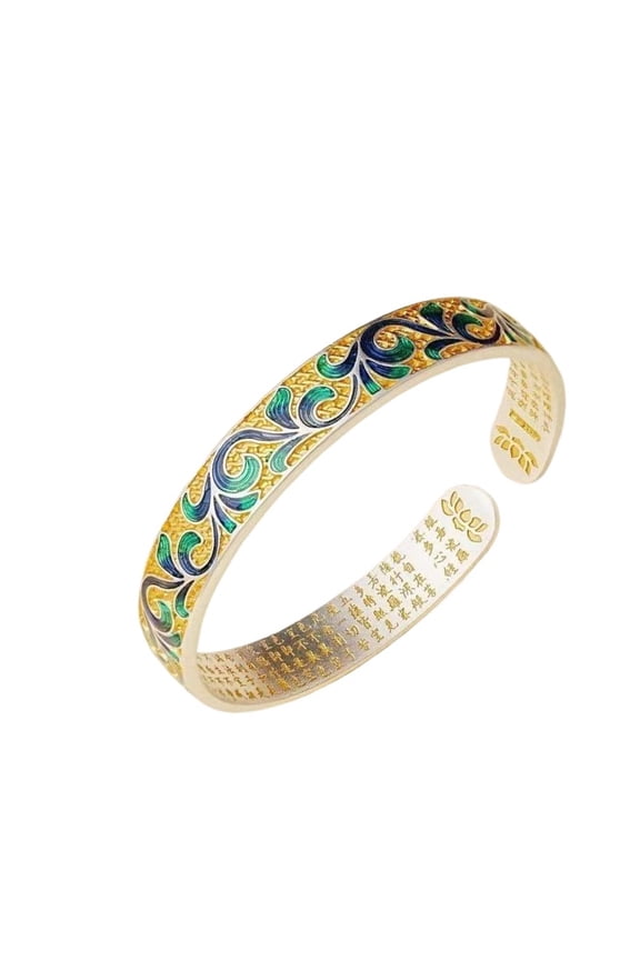 925 Silver Cuff Bangle, Enamel Floral Design, Gold and Green Open Bracelet with Engraved Script, Simple Open Bangles Cuff for Women Mom Wife Mothers Day Valentine Gift