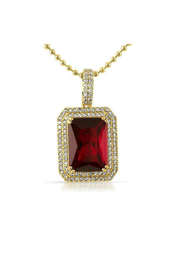 .925 Silver Double Iced Out Lab Ruby Red Gem Pendant