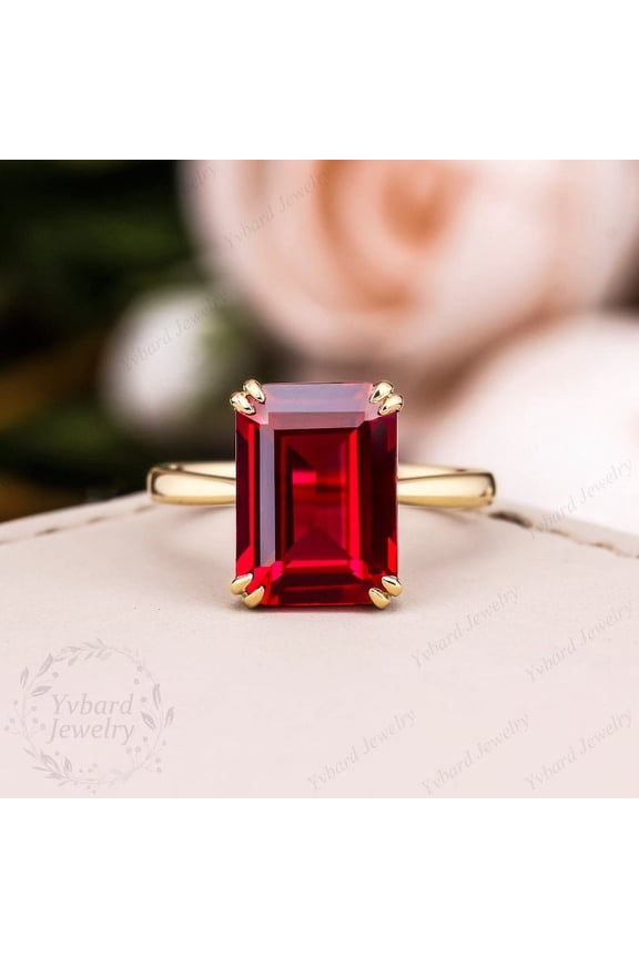 925 Silver Emerald Cut Lab Created Ruby Solitaire Ring Yellow Gold Plating Minimalist Ring Statement Art Deco Jewelry July Birthstone Anniversary Gift for Her