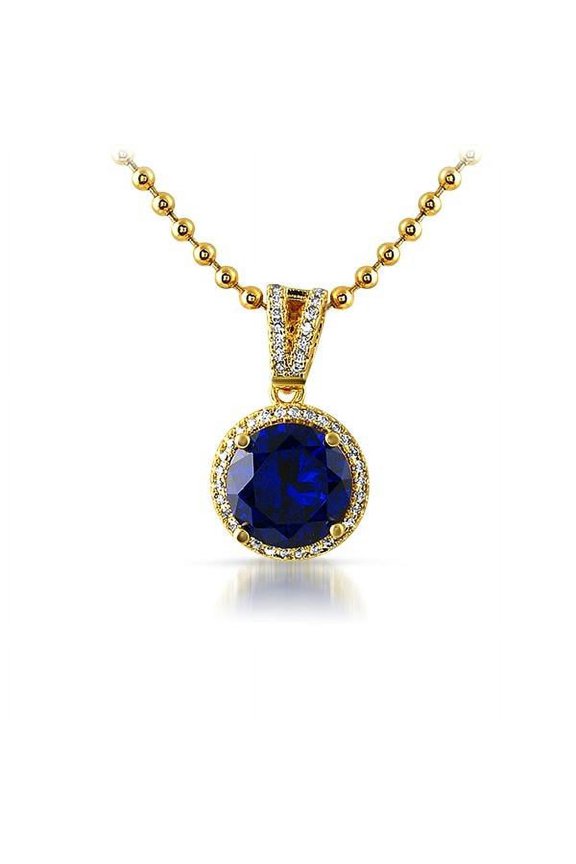 .925 Silver Gold M Round Blue Gem Iced Pendant
