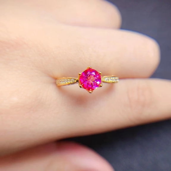 925 Silver Gold Natural Pink Topaz Adjustable Ring