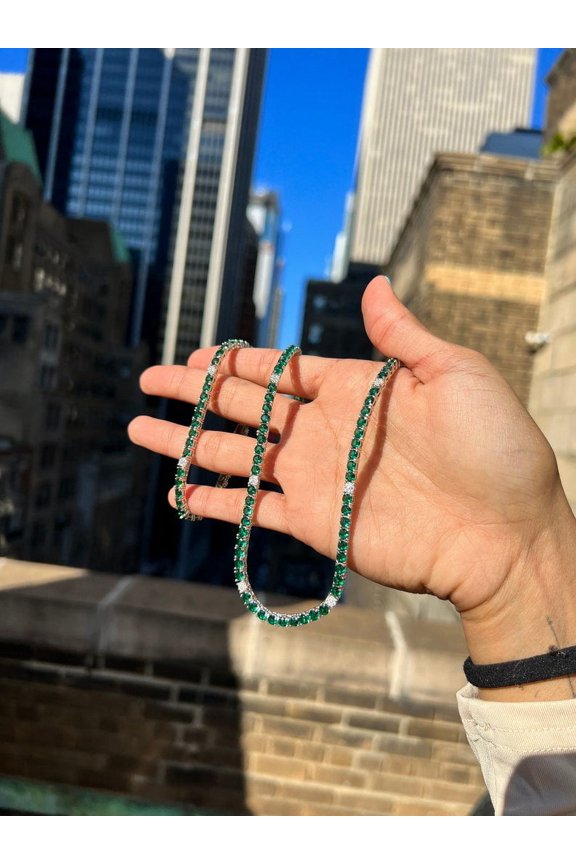 925 Silver Green Emerald CZ Tennis Necklace | Tennis Bracelet ,14k gold plated | 3.5MM Nano Green Ston