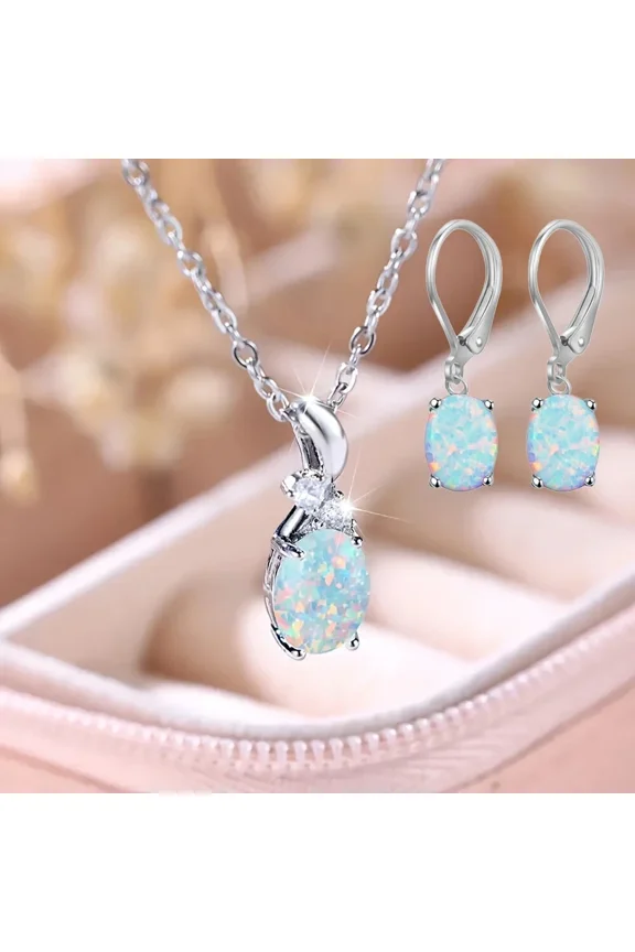 925 Silver Jewelry Set Necklace & Dangle Earring 3Ct Oval Cut Simulated Fire Opal 14K White Gold Plated