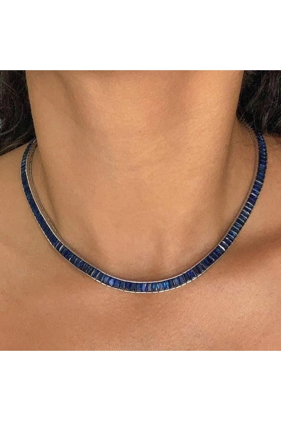 925 Silver Lab Blue Sapphire Baguette Tennis Necklace,Yellow Gold Plated Baguette Lab Blue Tennis Necklace,Vintage Necklace Gift For Women