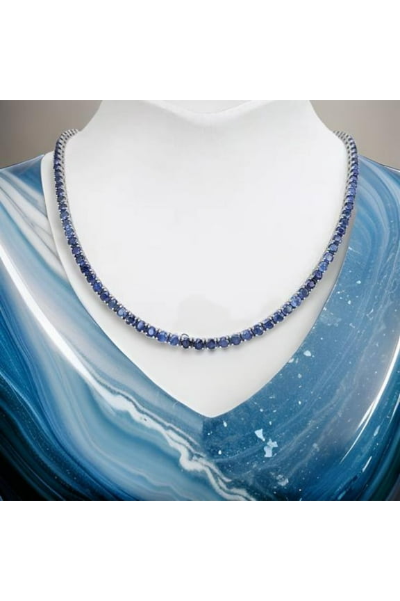 925 Silver Lab Blue Sapphire Tennis Necklace,Blue Sapphire Stone Initial Necklace,Gold Tennis Necklace,September Birth Necklace Gift For Her