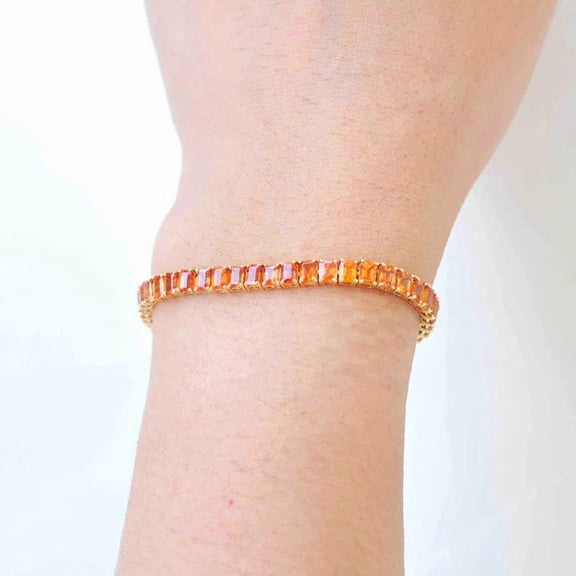 925 Silver Lab Created Orange Sapphire Bracelet,14k Gold Plated Tennis Bracelet,Bridal Jewelry,Bridesmaid Bracelet,Ombre Bracelet,Gift For