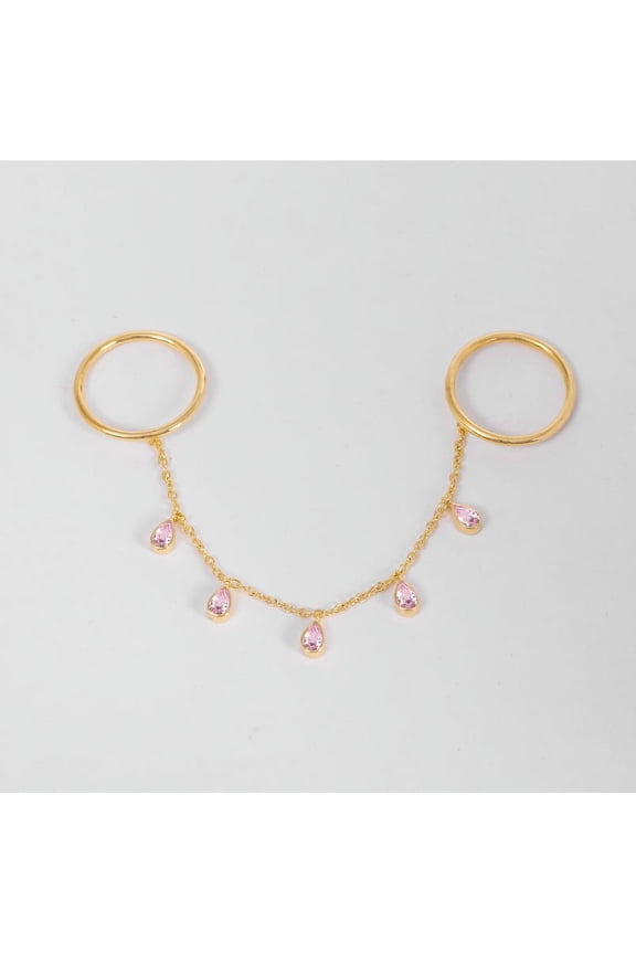 925 Silver Lab Created Pink Sapphire Dangle Drop Ring, Double Band Two Finger Handmade Ring, Chain Drop Ring, Plain Band For Unique Jewelry, Gift For Mom,
