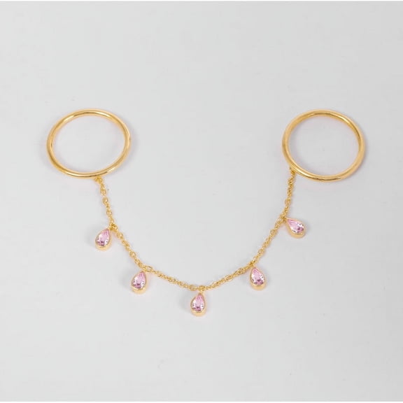 925 Silver Lab Created Pink Sapphire Dangle Drop Ring, Double Band Two Finger Handmade Ring, Chain Drop Ring, Plain Band For Unique Jewelry, Gift For Mom,