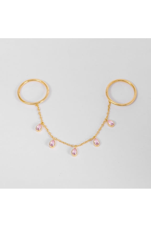 925 Silver Lab Created Pink Sapphire Dangle Drop Ring, Double Band Two Finger Handmade Ring, Chain Drop Ring, Plain Band For Unique Jewelry, Gift For Mom,