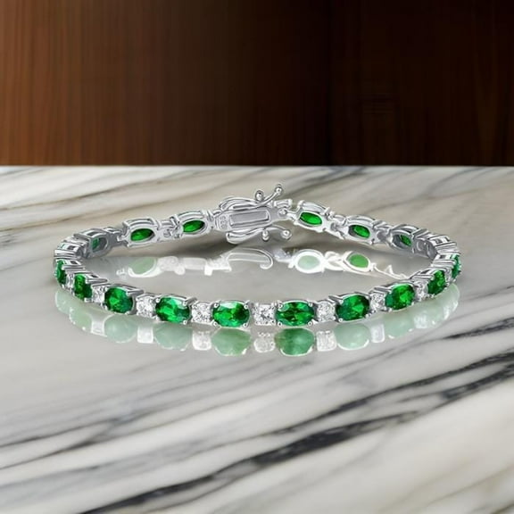 925 Silver Lab Emerald Oval With White Zirconia Round Tennis Bracelet,Gold Plated Oval Bracelet,May Birthstone Bracelet,Valantine Gift For
