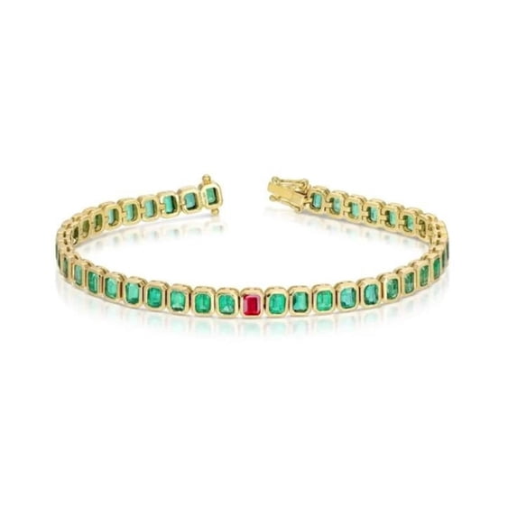 925 Silver Lab Emerald Tennis Bracelet With Ruby And Sapphire,Silver Bezel Bracelet,Lab Emerald Octagon Bracelet,Emerald Bracelet gift for