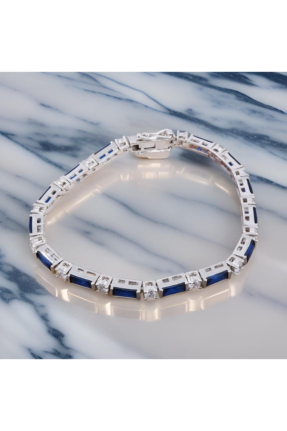 925 Silver Lab sapphire Baguette With White Zircon Tennis Bracelet, Gold Plated sapphire Bracelet,May Birthstone Women Bracelet Gift For Her