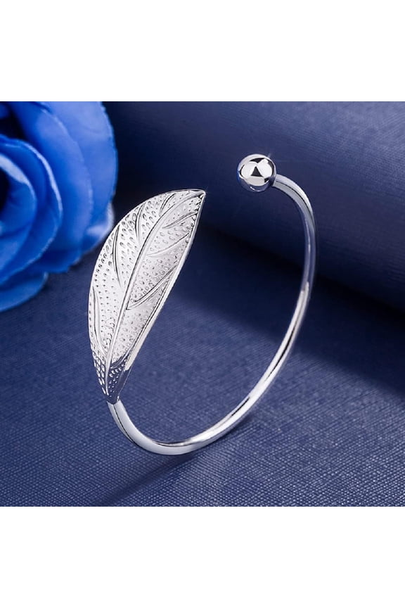 925 Silver Leaf Cuff Bangle Bracelet Vintage Feather Adjustable Opening Bracelet for Women and Men Bohemian Style Lucky Fashion Charms Bracelets Jewelry