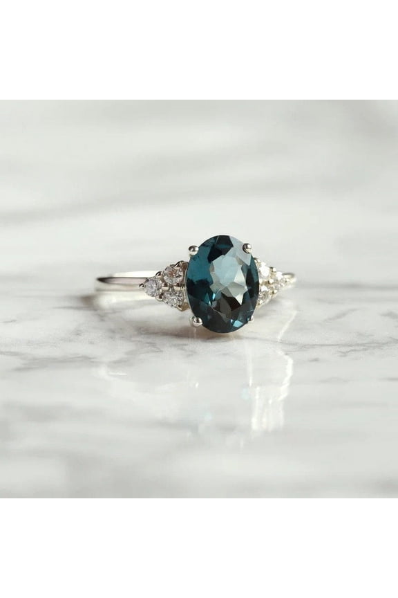 925 Silver London Blue Topaz Ring/Antique Art Deco Cluster Ring/Diamond Cluster Ring/East West Topaz Ring/Topaz Engagement Ring Oval Cut