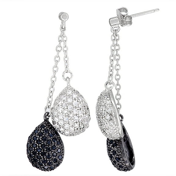 925 Silver Micro Pave Black & White CZ Twin Dangling Teardrop Earrings 44mm