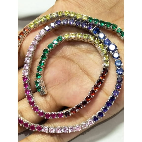 925 Silver Multi Color Gemstone Tennis Necklace for Women 14K Gold Finish, Gift for her