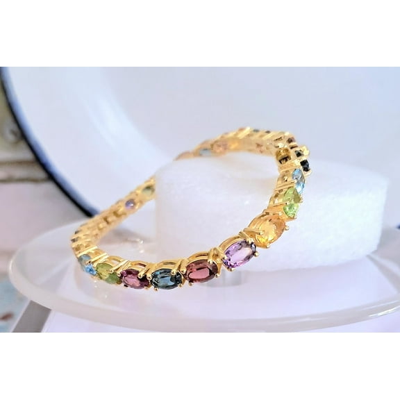 925 Silver Multi Gemstone Oval Tennis Bracelet Yellow Gold Over Sterling Silver, Anniversary Gift, Girlfriend Gift, Birthday Gift