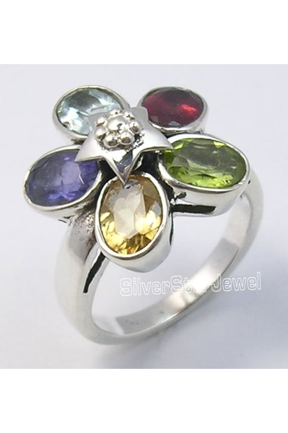 925 Silver Multistone Multicolored Handcrafted Star Ring Size 8.5 Old Style