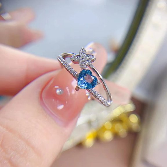 925 Silver Natural Blue Topaz Heart Adjustable Ring;
