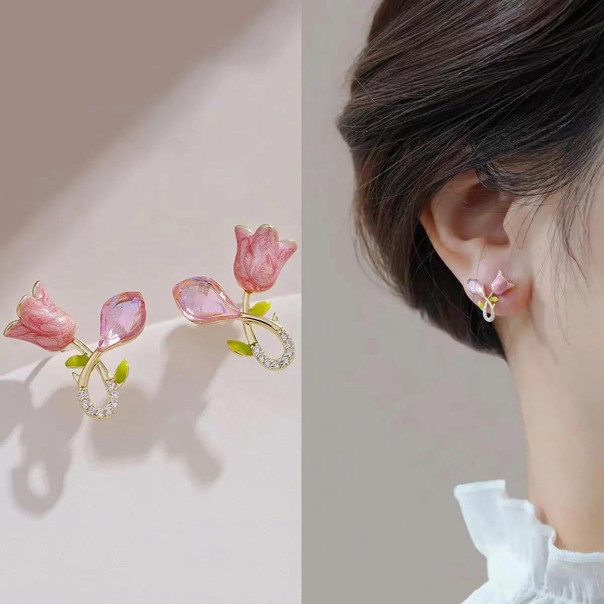 925 Silver Needle Korean Fashion Flower Stud Earrings For Women