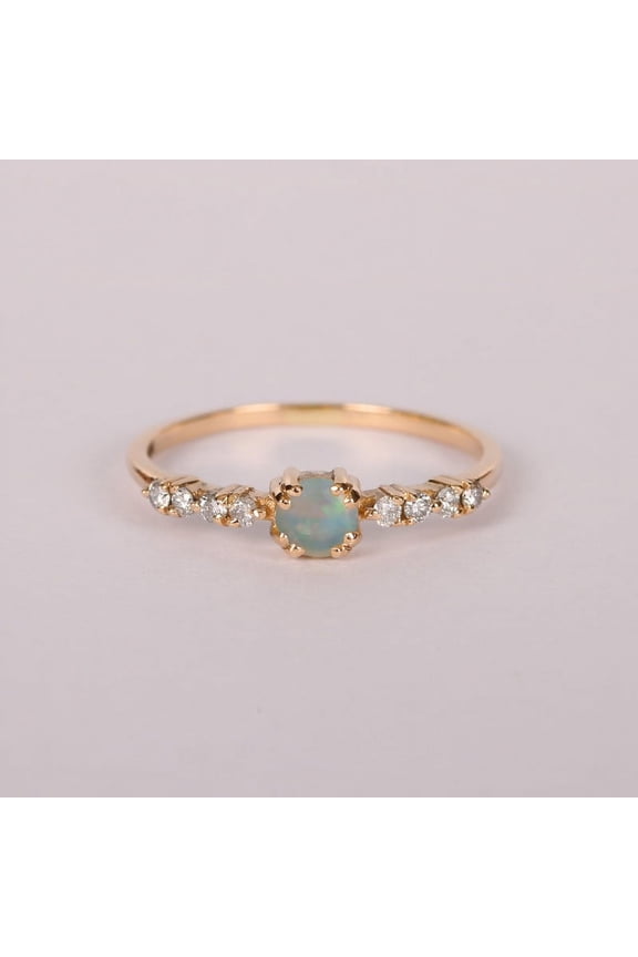 925 Silver Opal & Diamond Ring, Solitaire Opal & Four Diamond Stackable Ring, Delicate Welo Opal Ring, Anniversary Gift For Her