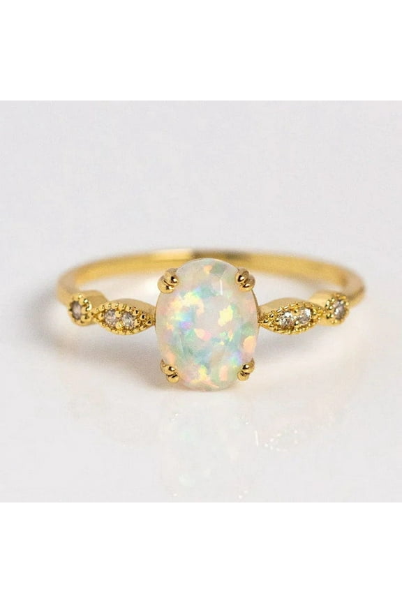 925 Silver Opal Ring 14k Gold Plated Ring |October Birthstone Ring | Stunning Oval Cut Natural Opal Anniversary Ring |Gift For Her Birthday,Ring Gift