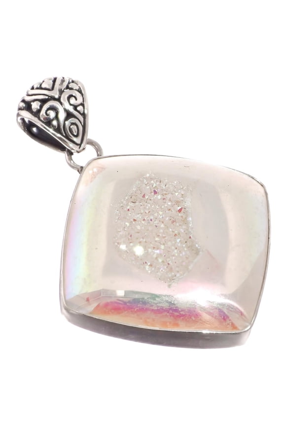 925 Silver Opal White Iridescent Titanium Agate Druzy Sterling Pendant, 1 3/4"