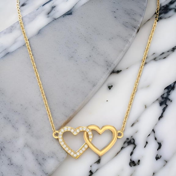 925 Silver Pave Double Heart Necklace,14K Gold Plated Double Heart Necklace,Double Heart Necklace, Valantine Gift Girlfrined,Handmade Gift